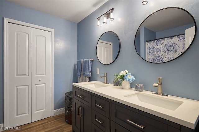 bathroom featuring wood-type flooring and vanity