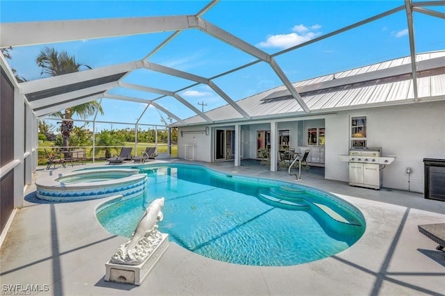 view of swimming pool with an in ground hot tub, area for grilling, a patio area, and a lanai