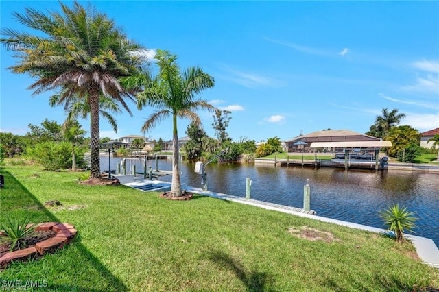 dock area featuring a water view and a lawn