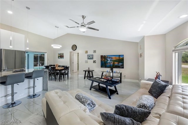 living room with vaulted ceiling and ceiling fan