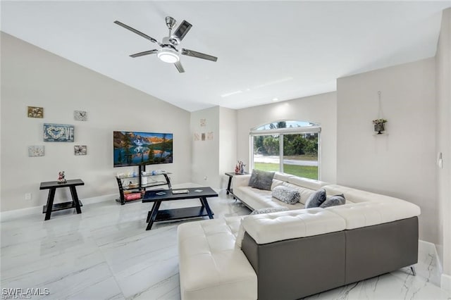 living room featuring ceiling fan and lofted ceiling