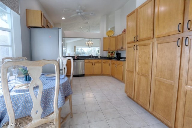 486 Edgemere Way E Unit 2-3, Naples, FL 34105 - kitchen with appliances with stainless steel finishes, ceiling fan, recessed lighting, dark countertops, and light tile patterned floors