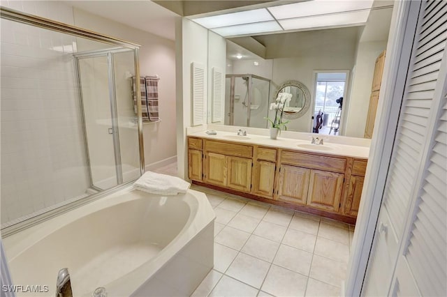 486 Edgemere Way E Unit 2-3, Naples, FL 34105 - full bathroom with a shower stall, double vanity, a garden tub, tile patterned floors, and a closet