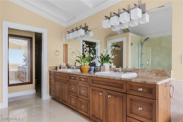 bathroom with crown molding, a shower with door, vanity, and vaulted ceiling