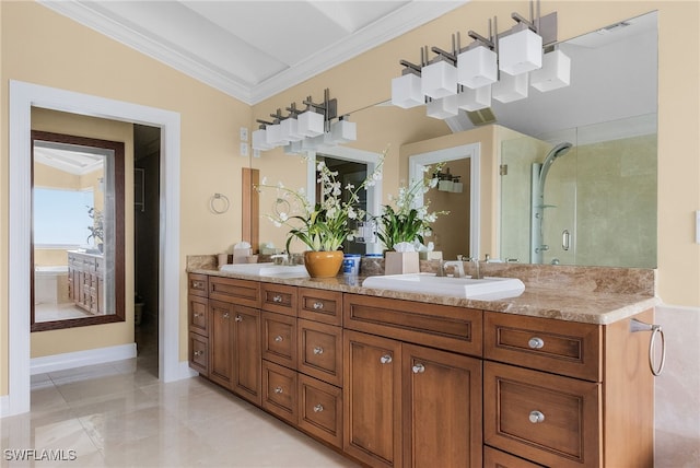 8068 Estero Blvd, Fort Myers Beach, FL 33931 - full bath featuring ornamental molding, double vanity, an enclosed shower, baseboards, and tile patterned flooring