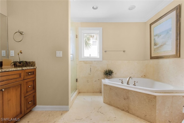 bathroom featuring vanity, separate shower and tub, and crown molding