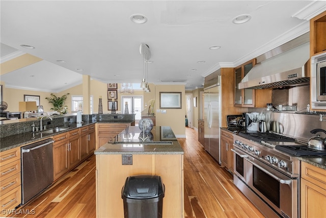 kitchen with high end appliances, sink, an island with sink, light hardwood / wood-style floors, and range hood