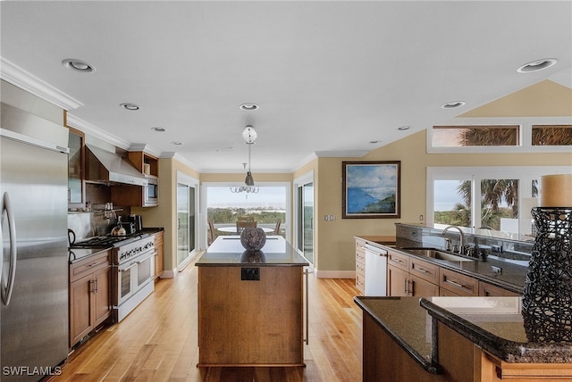 kitchen with pendant lighting, wall chimney range hood, sink, light hardwood / wood-style floors, and stainless steel appliances