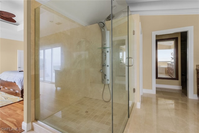 bathroom featuring lofted ceiling, an enclosed shower, wood-type flooring, and crown molding