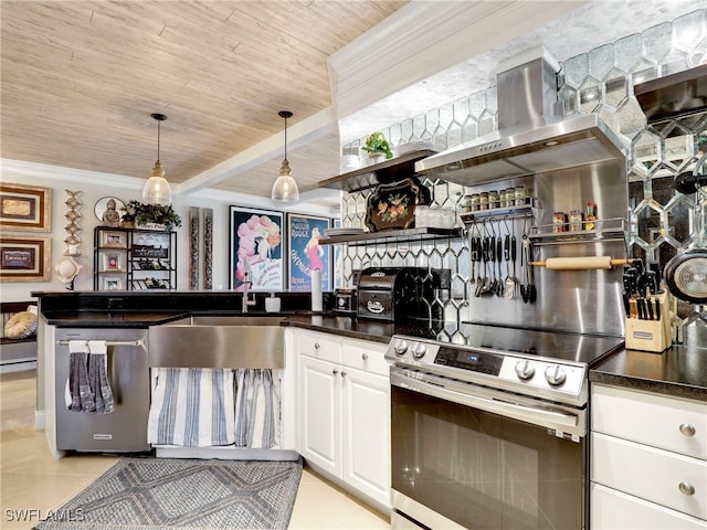 kitchen featuring wooden ceiling, white cabinets, appliances with stainless steel finishes, decorative light fixtures, and island range hood