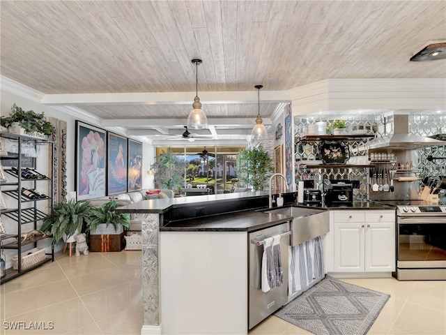 kitchen featuring white cabinetry, sink, hanging light fixtures, exhaust hood, and appliances with stainless steel finishes