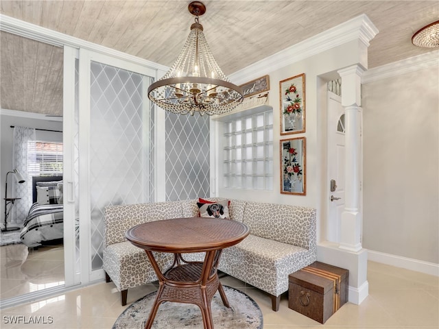 dining space featuring an inviting chandelier, breakfast area, crown molding, light tile patterned flooring, and wood ceiling