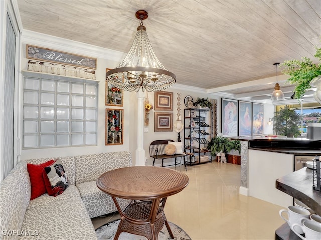 tiled dining space with wood ceiling and an inviting chandelier