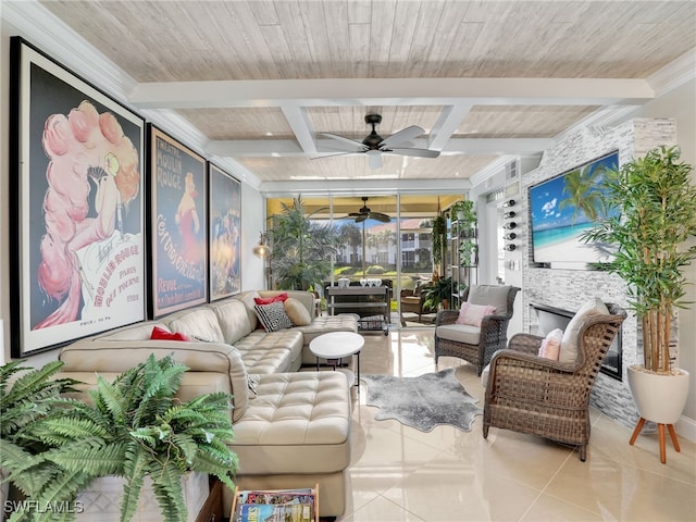 sunroom with ceiling fan, beam ceiling, and a fireplace