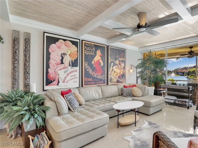 living room with ceiling fan, beam ceiling, and wood ceiling