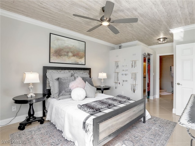 bedroom with light tile patterned floors, ceiling fan, and crown molding