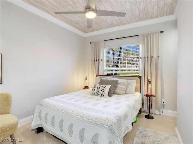 bedroom with light tile patterned floors, ceiling fan, crown molding, and wood ceiling