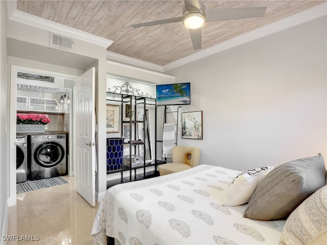 bedroom with washing machine and clothes dryer, ceiling fan, ornamental molding, and wood ceiling