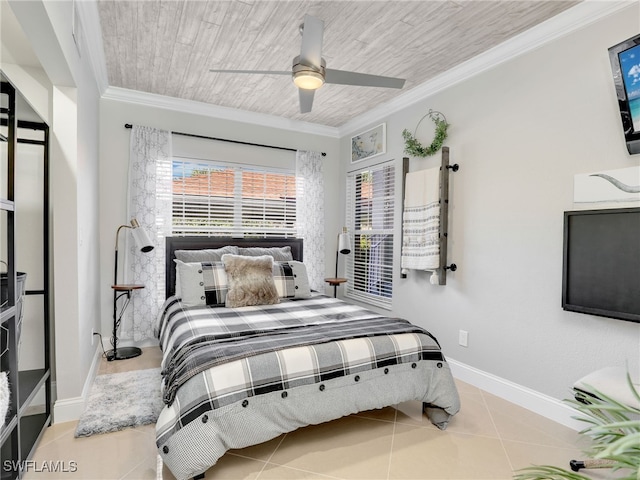 bedroom featuring ceiling fan, crown molding, light tile patterned flooring, and wood ceiling