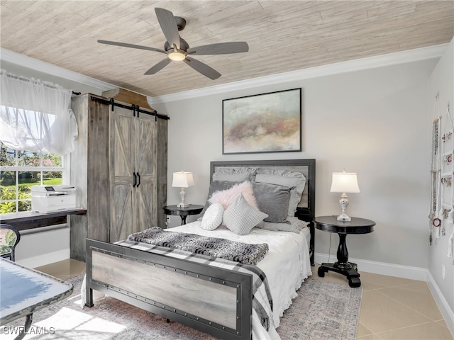 tiled bedroom with a barn door, ceiling fan, crown molding, and wooden ceiling