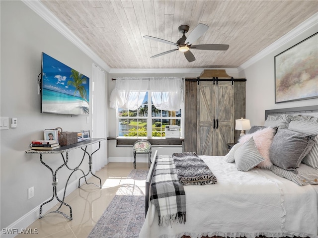 tiled bedroom featuring ceiling fan, a barn door, wooden ceiling, and ornamental molding