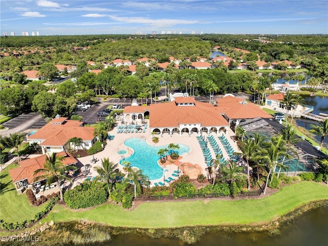 drone / aerial view with a water view