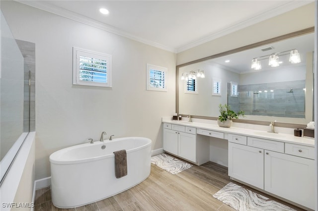 bathroom featuring independent shower and bath, crown molding, plenty of natural light, and hardwood / wood-style floors