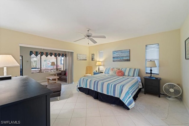 bedroom featuring ceiling fan and light tile patterned floors