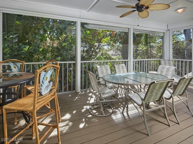 sunroom / solarium featuring ceiling fan