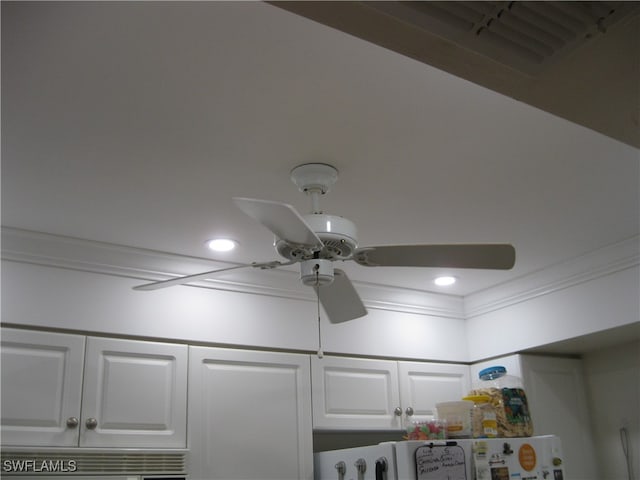 room details featuring white cabinets, ceiling fan, and ornamental molding