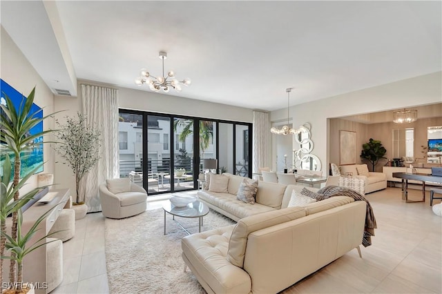 tiled living room with an inviting chandelier