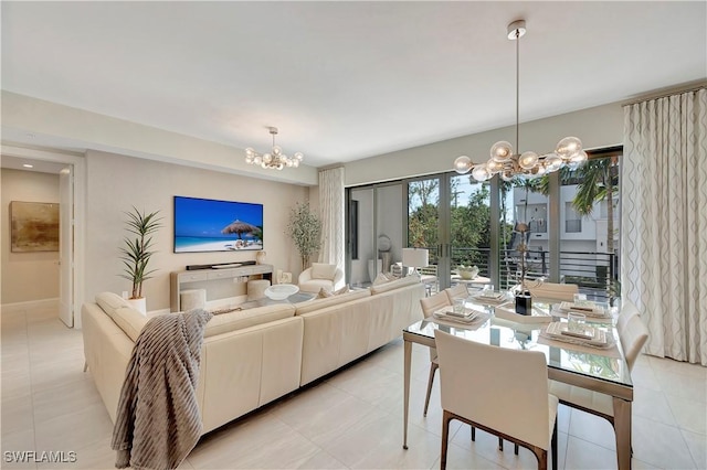 dining space featuring light tile patterned floors and an inviting chandelier