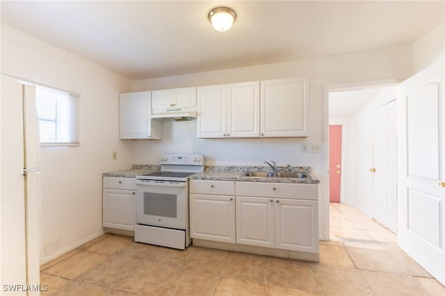 kitchen featuring light stone countertops, sink, light tile patterned floors, white appliances, and white cabinets