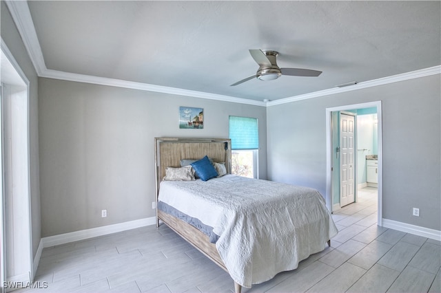 bedroom with ceiling fan, light hardwood / wood-style flooring, and crown molding