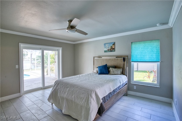 bedroom with access to outside, ceiling fan, and ornamental molding