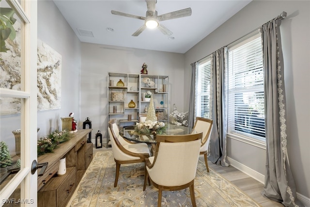 dining room featuring ceiling fan and light hardwood / wood-style floors