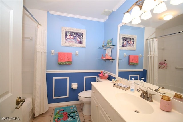 full bathroom featuring shower / bath combo, tile patterned floors, toilet, vanity, and ornamental molding