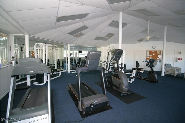 workout area with carpet, a paneled ceiling, and ceiling fan