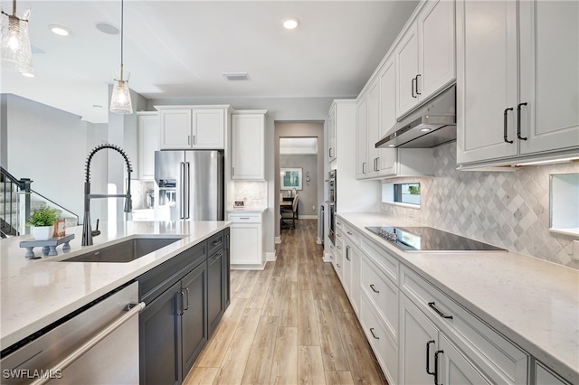 kitchen with stainless steel appliances, hanging light fixtures, a sink, and under cabinet range hood