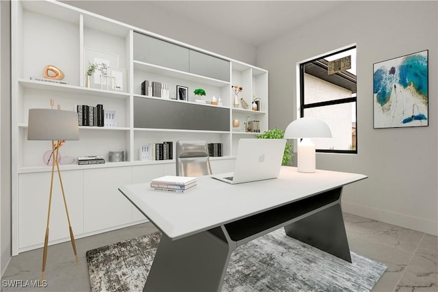 home office featuring marble finish floor and baseboards