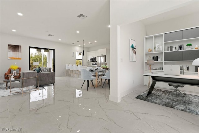 office featuring baseboards, marble finish floor, visible vents, and recessed lighting