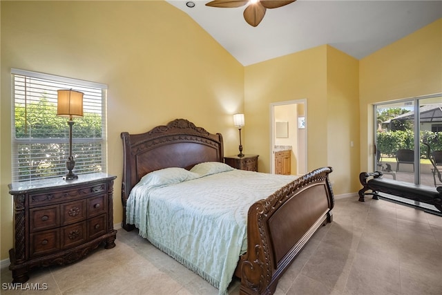 bedroom with access to outside, connected bathroom, ceiling fan, and high vaulted ceiling