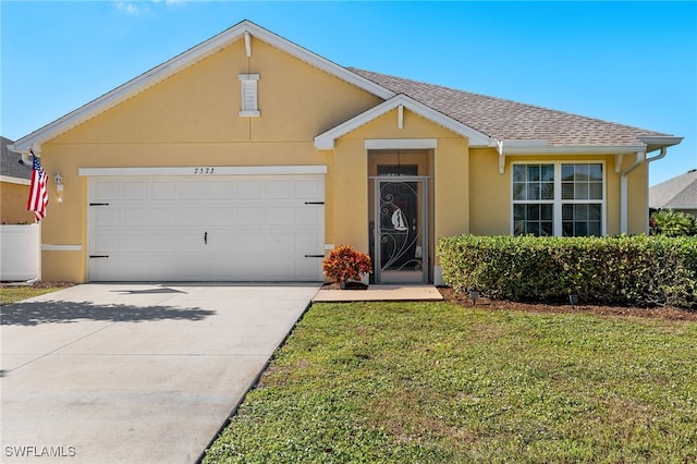 ranch-style house with a front lawn, central AC unit, and a garage