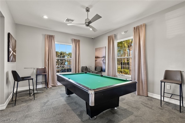 recreation room featuring carpet, ceiling fan, and pool table