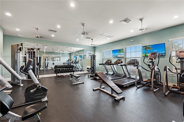 workout area with ceiling fan and a wealth of natural light