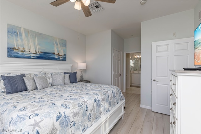 bedroom with ceiling fan, light hardwood / wood-style flooring, and ensuite bath