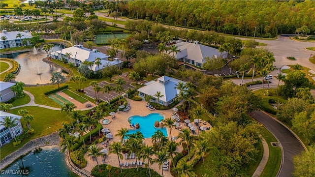 birds eye view of property featuring a water view