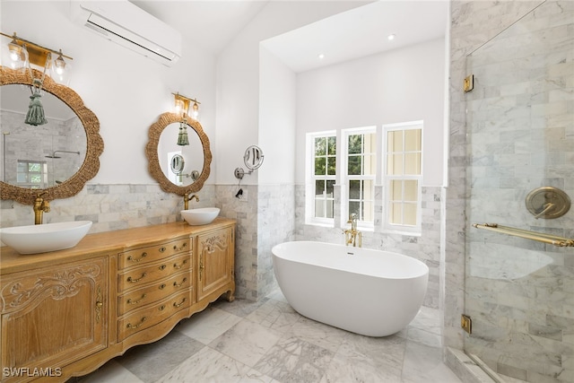 bathroom with vanity, lofted ceiling, shower with separate bathtub, tile walls, and a wall mounted AC