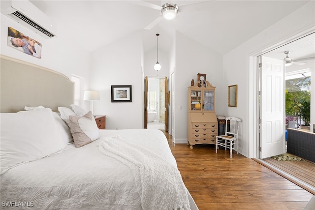 bedroom with a wall mounted air conditioner, access to outside, vaulted ceiling, ceiling fan, and hardwood / wood-style floors