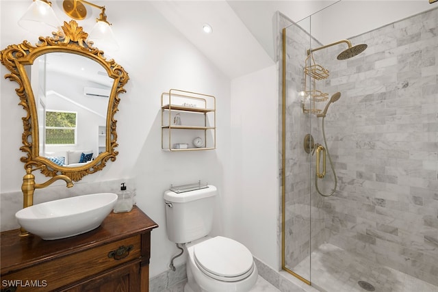 bathroom featuring walk in shower, a wall unit AC, vaulted ceiling, toilet, and vanity